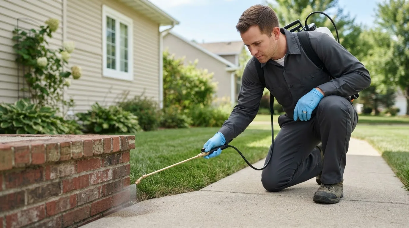 Pest control technician treating a home near Essexville, MI