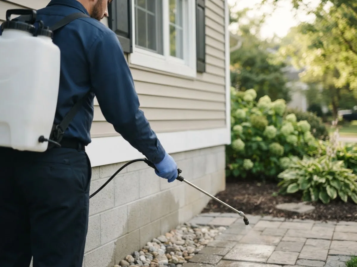 Pest control technician inspecting a home in Essexville, MI